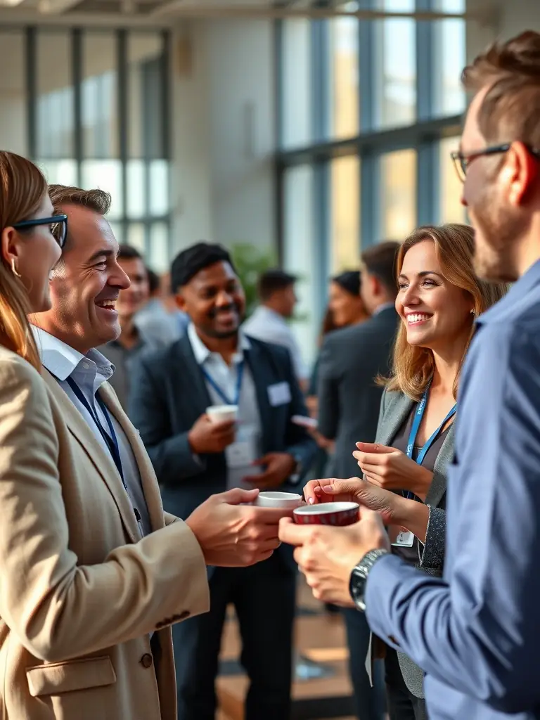A vibrant image showing attendees networking during a coffee break at the illusionlab.uno conference, with smiles and engaging conversations.