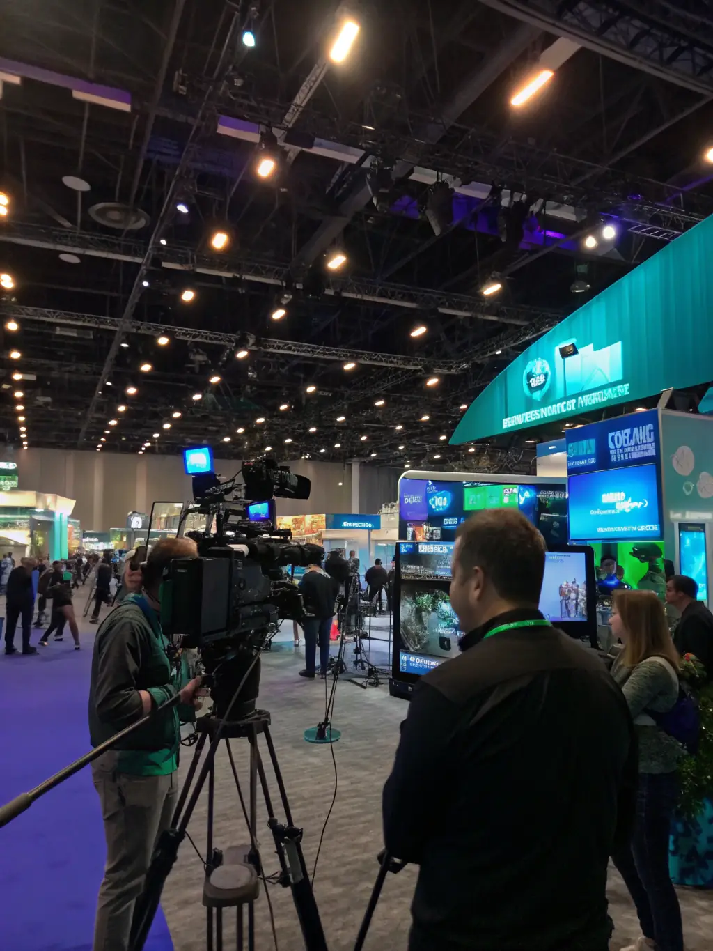 A wide shot of the exhibition hall at the Durban Digital Marketing Conference in 2021, showcasing various booths and interactive displays.