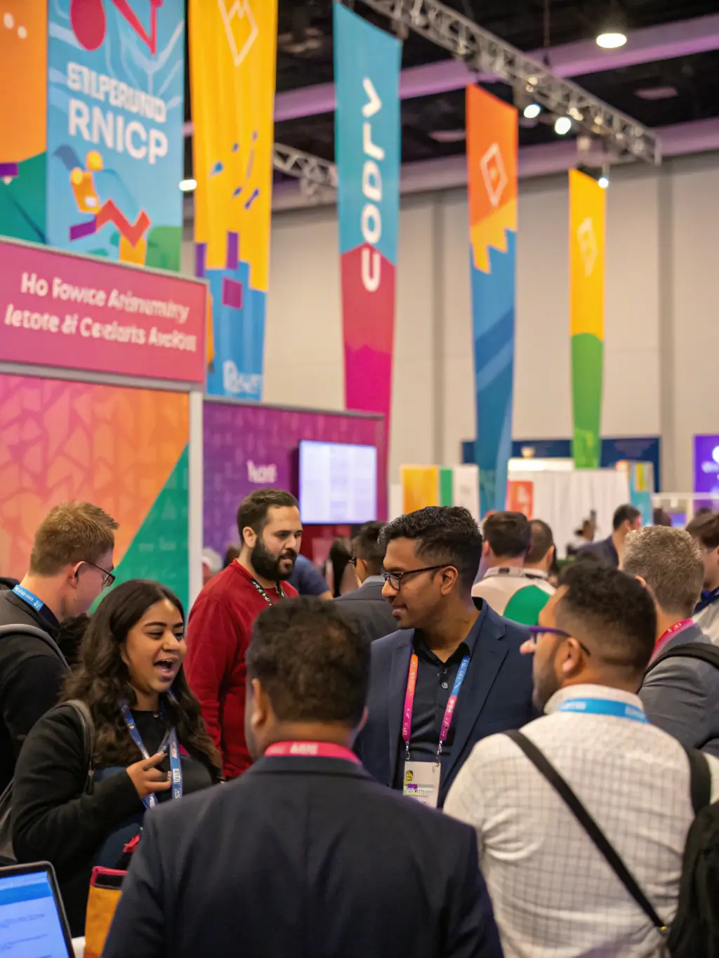 A photograph of attendees networking at the Johannesburg Tech Summit in 2023, with company logos subtly visible in the background.