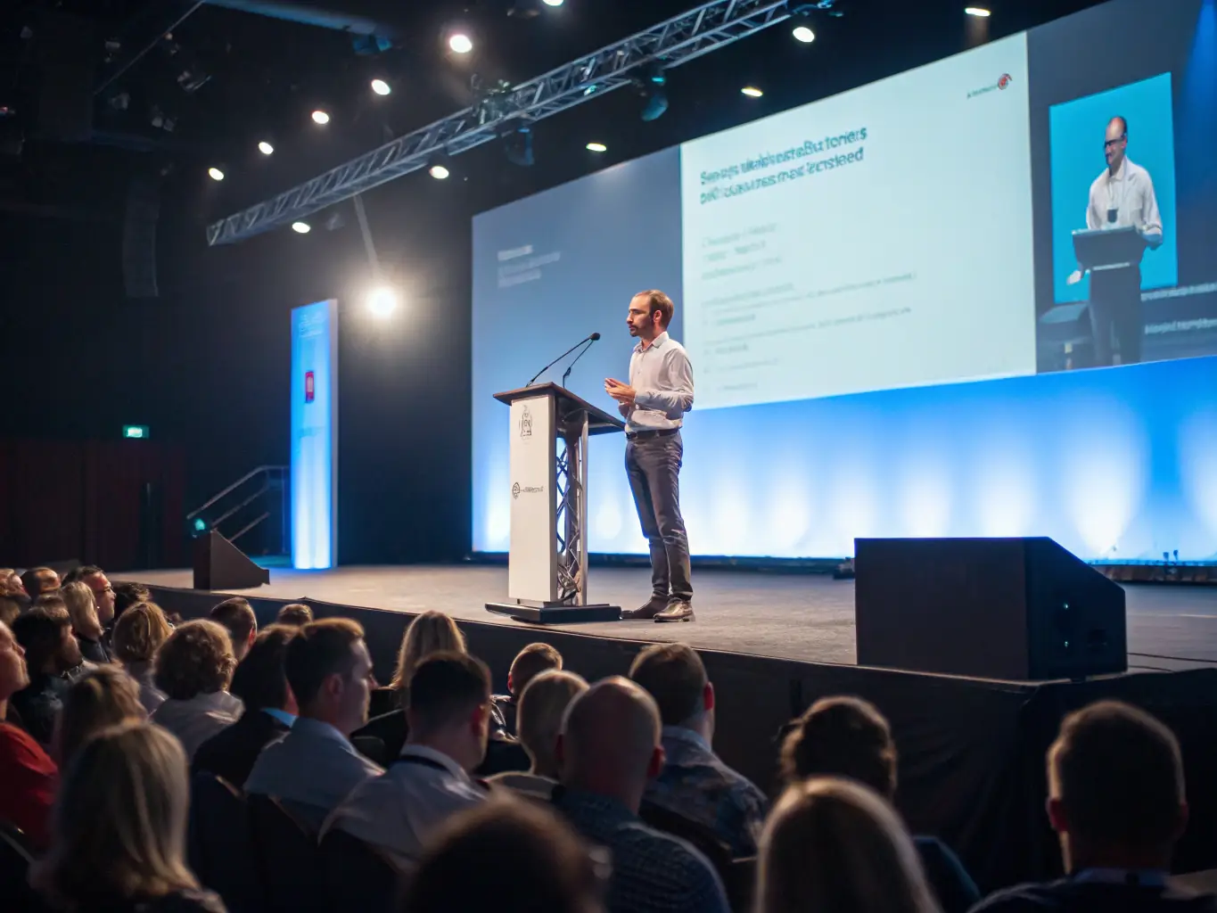 A dynamic image of a keynote speaker presenting on stage at a tech conference in Durban, South Africa, with a large screen displaying data visualizations and audience members engaged in the presentation.