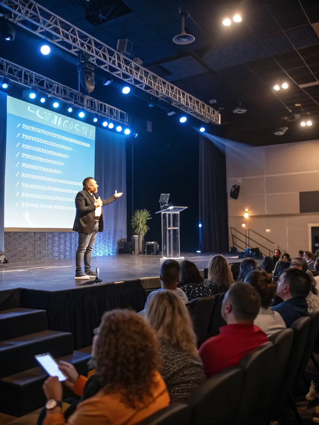 A photograph capturing a keynote speaker passionately addressing a large audience at the illusionlab.uno conference, with the company logo prominently displayed on the stage backdrop.